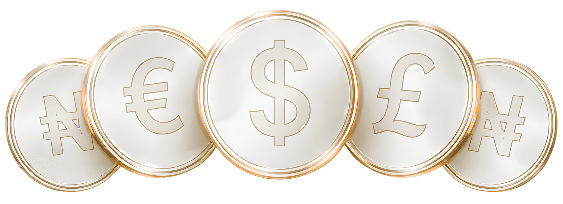 Gold currency coins representing EUR, USD, GBP and JPY