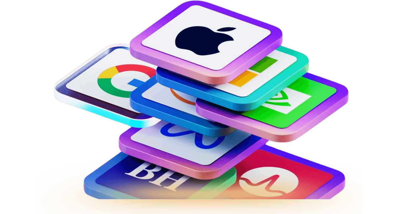 Stock app icons representing leading US companies and indices