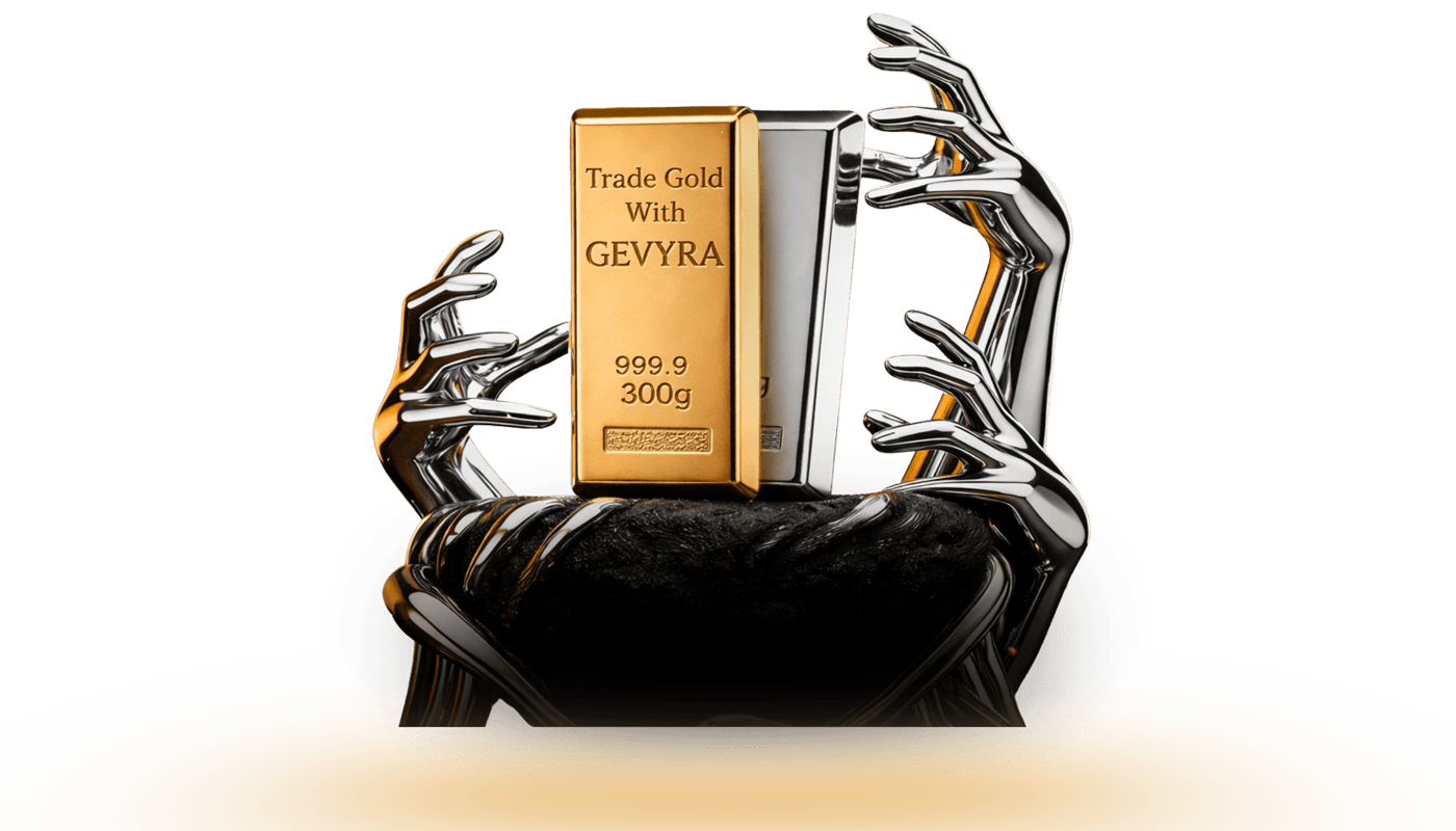 Gold bars and coins representing commodity trading with GEVYRA